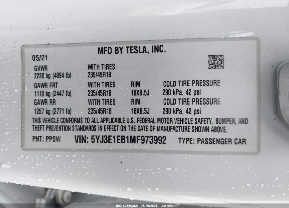 2021 TESLA MODEL 3 VIN: 5YJ3E1EB1MF973992