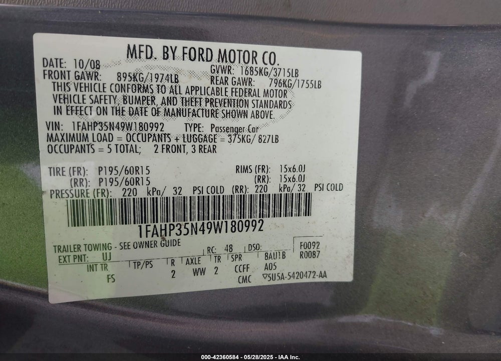 2009 FORD FOCUS SE VIN: 1FAHP35N49W180992