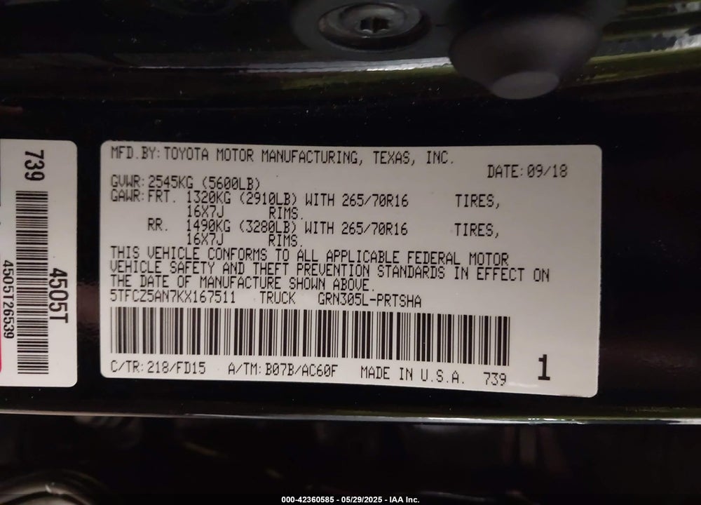 2019 TOYOTA TACOMA VIN: 5TFCZ5AN7KX167511