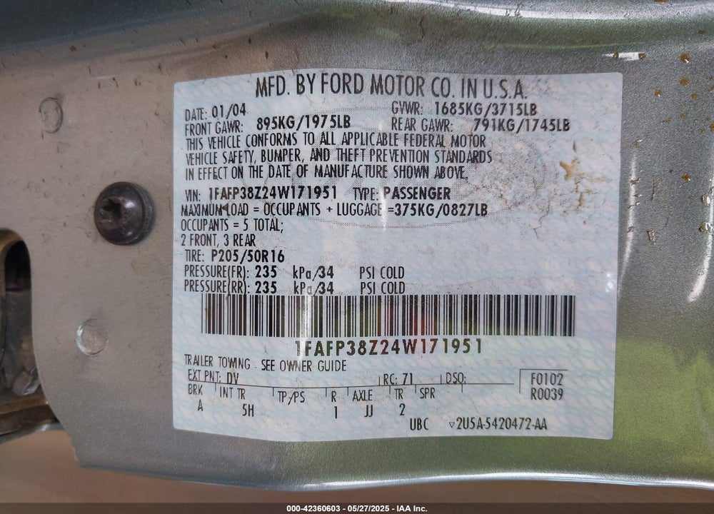 2004 FORD FOCUS ZTS VIN: 1FAFP38Z24W171951