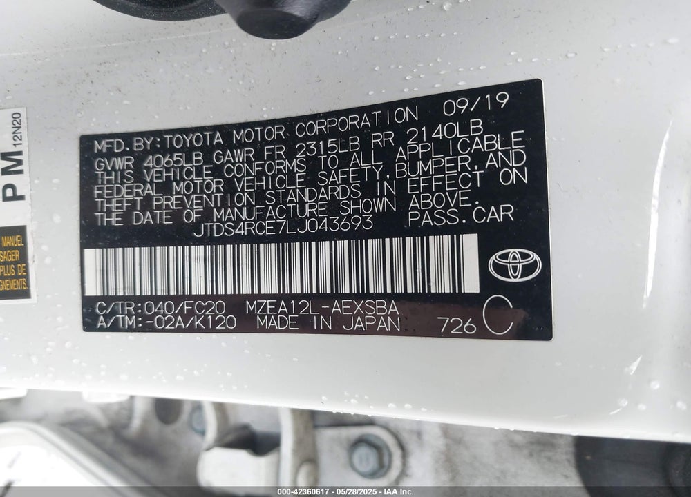2020 TOYOTA COROLLA SE VIN: JTDS4RCE7LJ043693