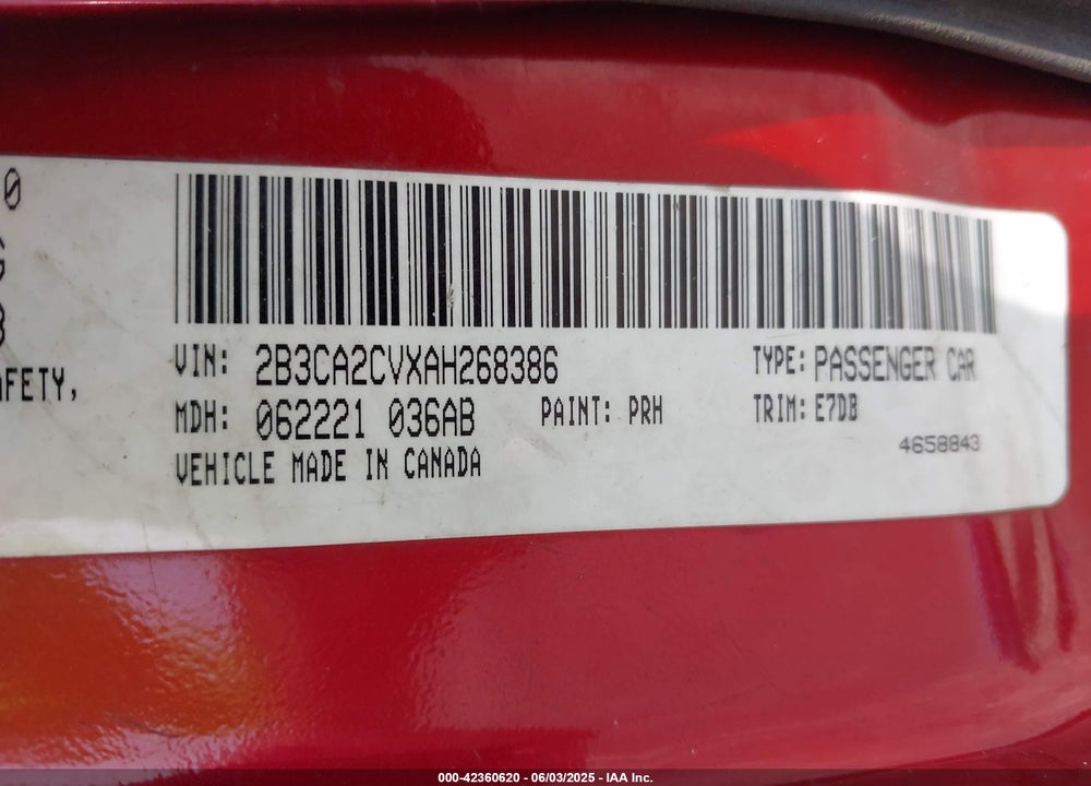 2010 DODGE CHARGER 3.5L VIN: 2B3CA2CVXAH268386