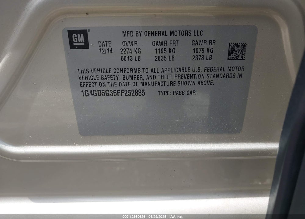 2015 BUICK LACROSSE PREMIUM I VIN: 1G4GD5G36FF252885