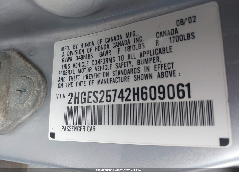 2002 HONDA CIVIC EX VIN: 2HGES25742H609061