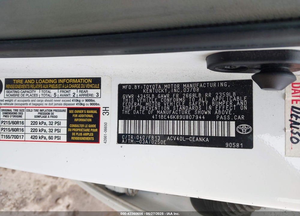 2009 TOYOTA CAMRY VIN: 4T1BE46K89U807944