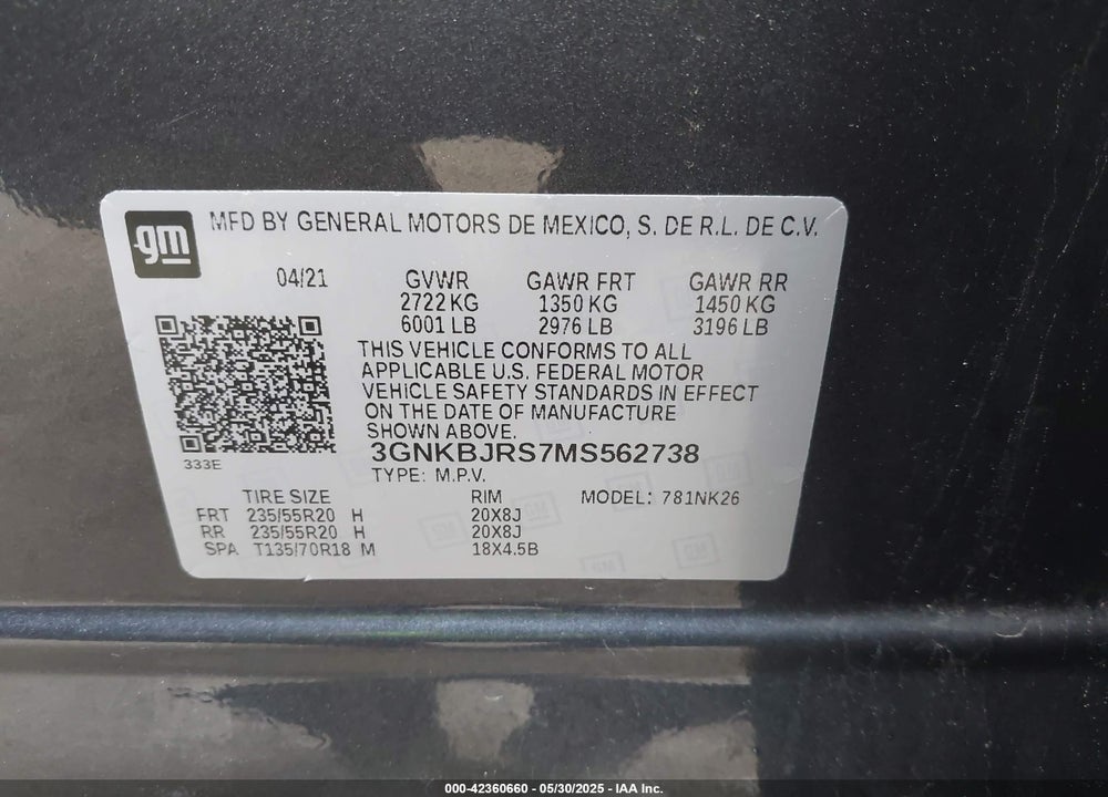 2021 CHEVROLET BLAZER VIN: 3GNKBJRS7MS562738
