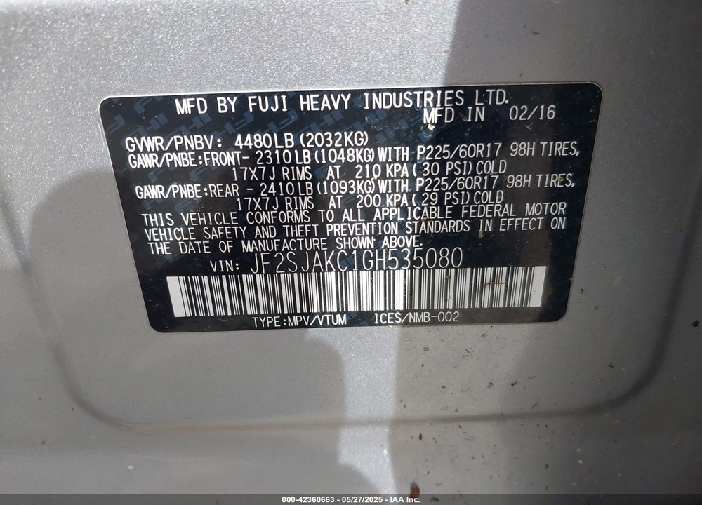 2016 SUBARU FORESTER 2.5I LIMITED VIN: JF2SJAKC1GH535080