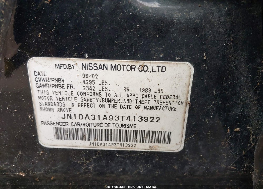 2003 NISSAN MAXIMA SE VIN: JN1DA31A93T413922