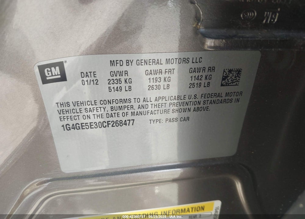 2012 BUICK LACROSSE VIN: 1G4GE5E30CF268477