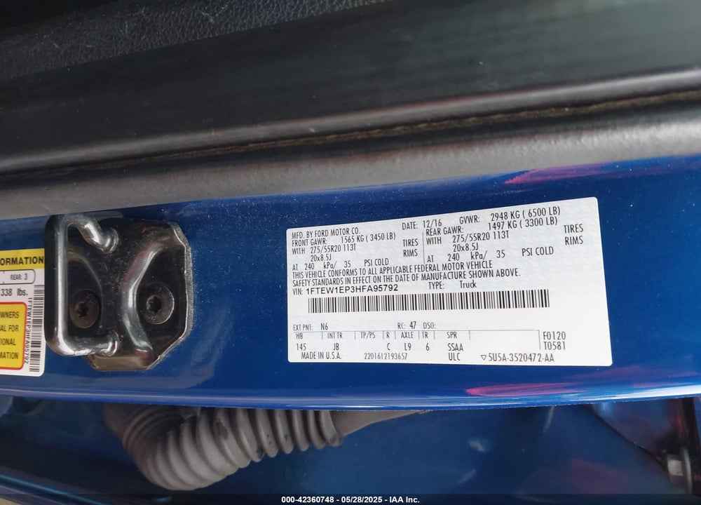 2017 FORD F-150 XLT VIN: 1FTEW1EP3HFA95792