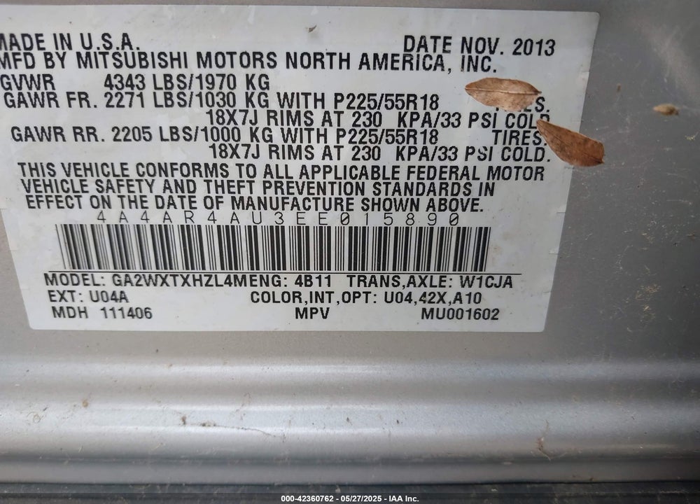 2014 MITSUBISHI OUTLANDER SPORT VIN: 4A4AR4AU3EE015890