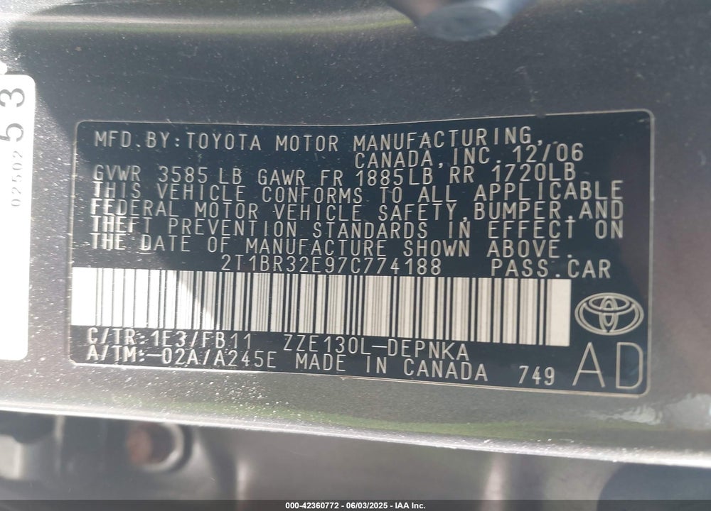 2007 TOYOTA COROLLA VIN: 2T1BR32E97C774188