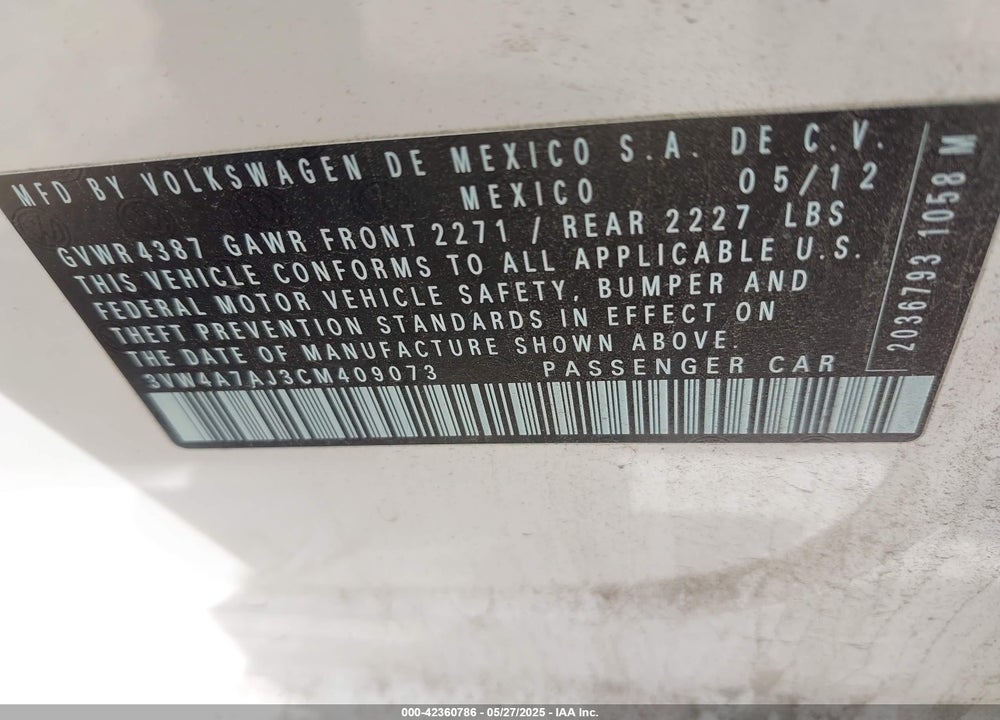 2012 VOLKSWAGEN JETTA VIN: 3VW4A7AJ3CM409073