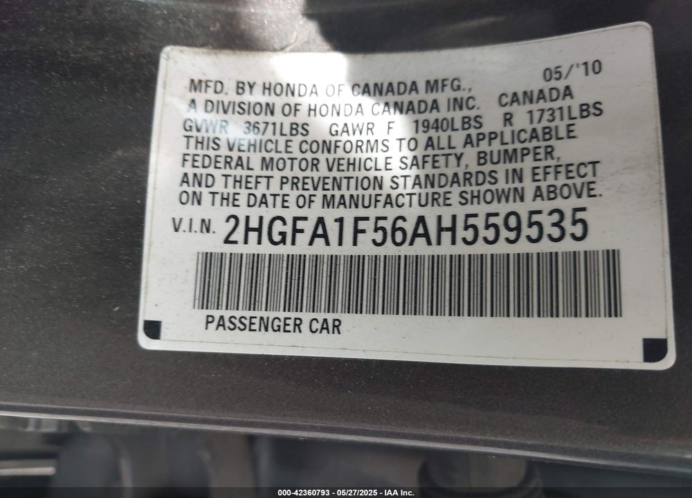 2010 HONDA CIVIC VIN: 2HGFA1F56AH559535