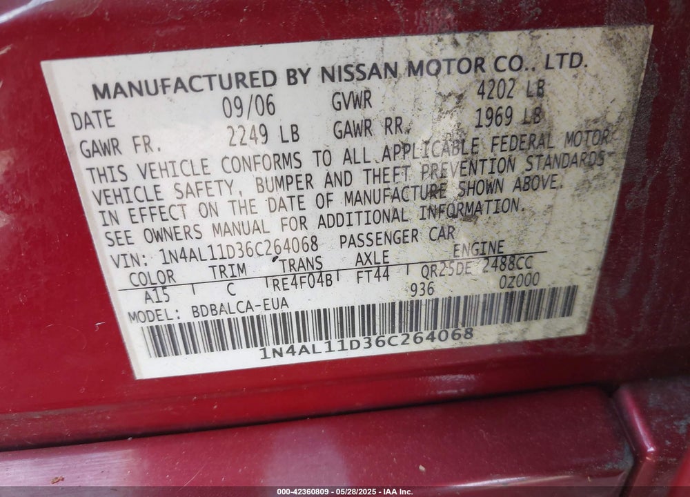 2006 NISSAN ALTIMA 2.5 S VIN: 1N4AL11D36C264068