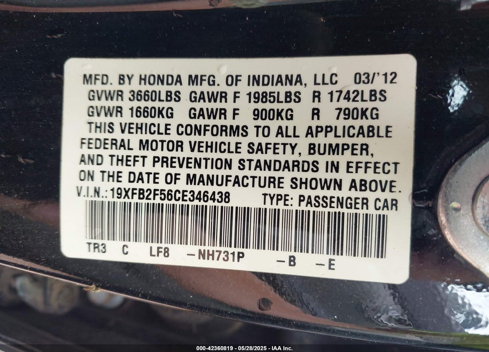 2012 HONDA CIVIC VIN: 19XFB2F56CE346438