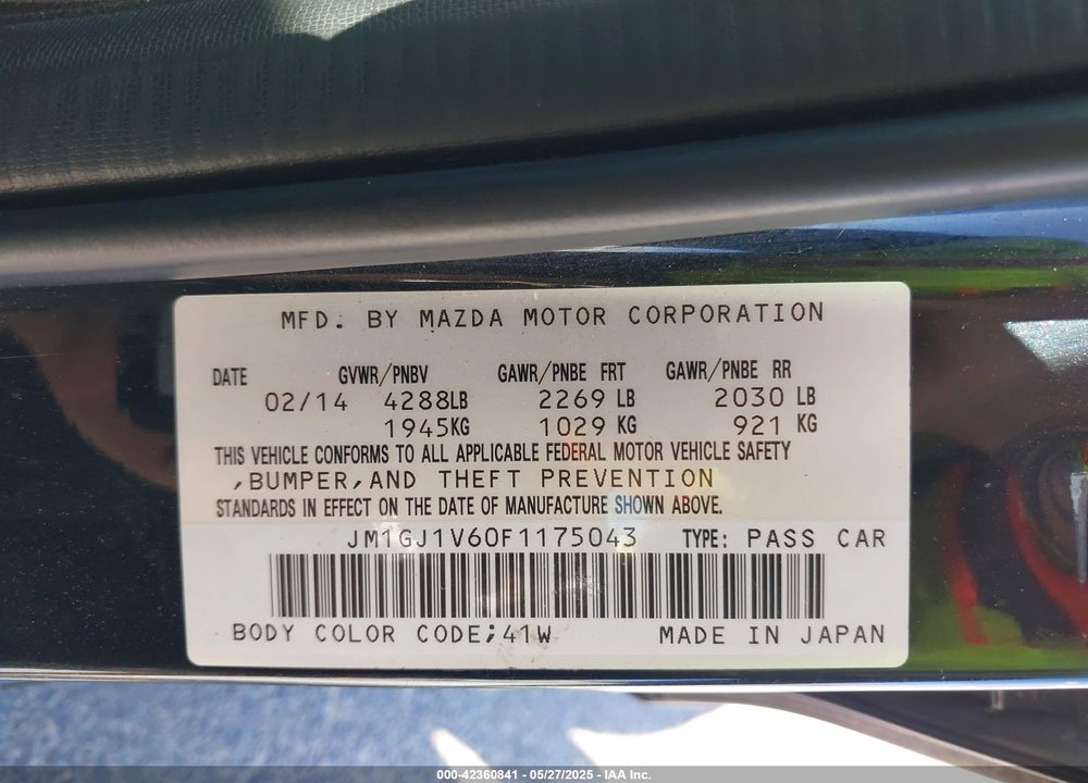 2015 MAZDA MAZDA6 VIN: JM1GJ1V60F1175043
