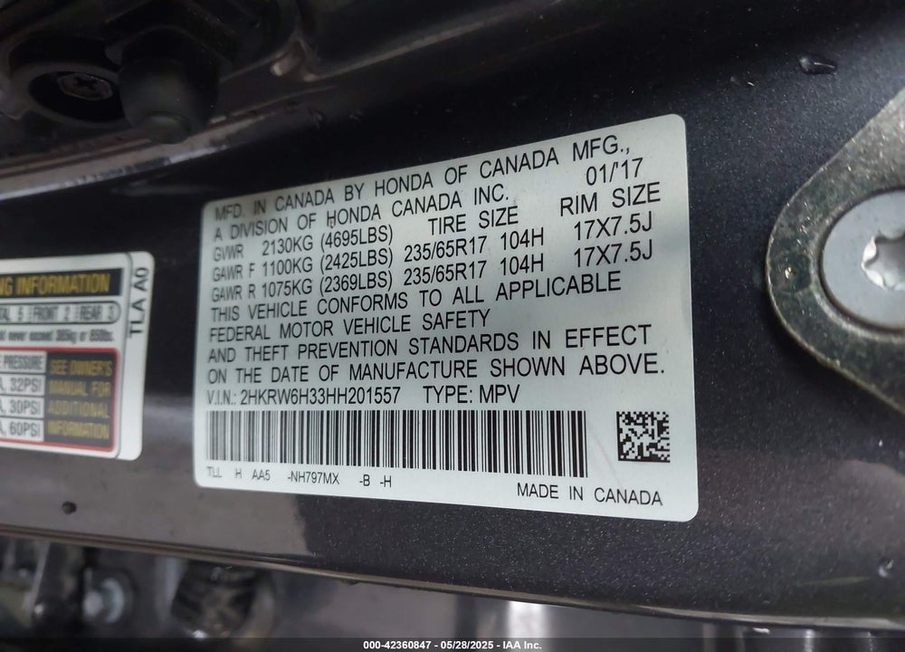 2017 HONDA CR-V VIN: 2HKRW6H33HH201557