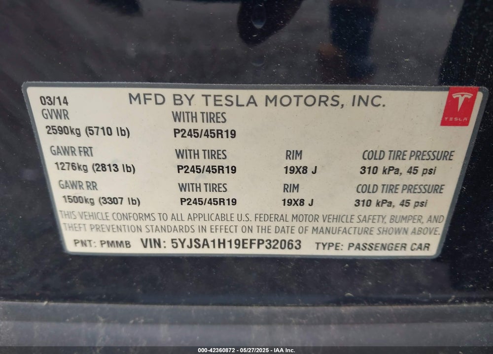 2014 TESLA MODEL S VIN: 5YJSA1H19EFP32063