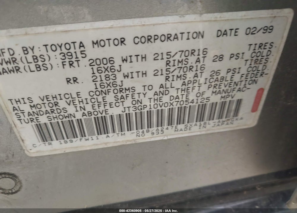 1999 TOYOTA RAV4 VIN: JT3GP10V0X7054125