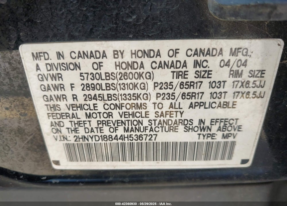 2004 ACURA MDX VIN: 2HNYD18844H536727