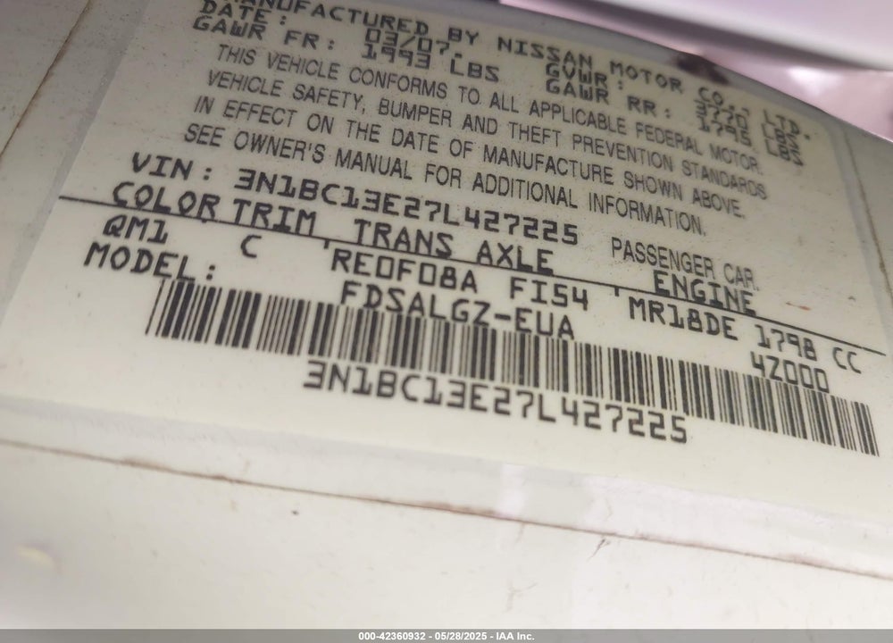 2007 NISSAN VERSA VIN: 3N1BC13E27L427225