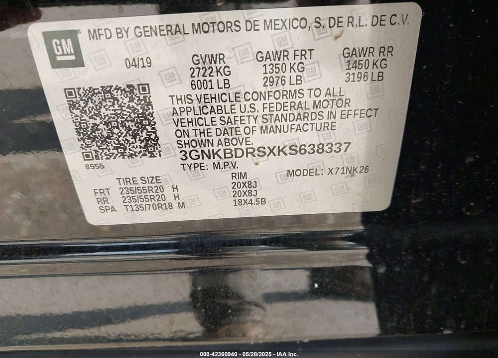 2019 CHEVROLET BLAZER VIN: 3GNKBDRSXKS638337