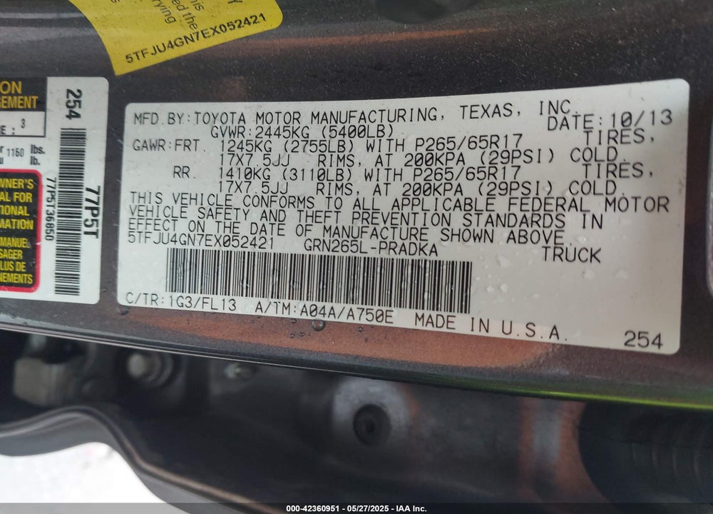 2014 TOYOTA TACOMA VIN: 5TFJU4GN7EX052421