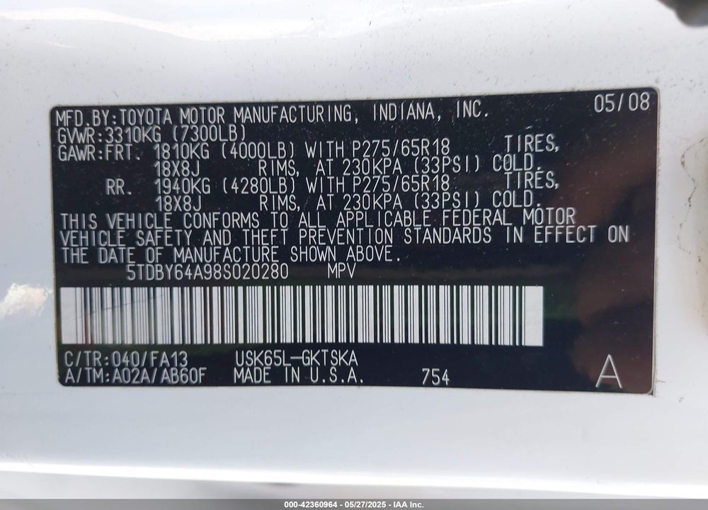2008 TOYOTA SEQUOIA SR5 5.7L V8 VIN: 5TDBY64A98S020280