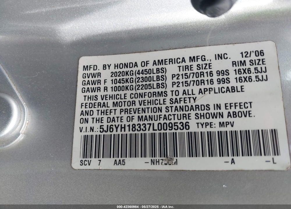 2007 HONDA ELEMENT VIN: 5J6YH18337L009536