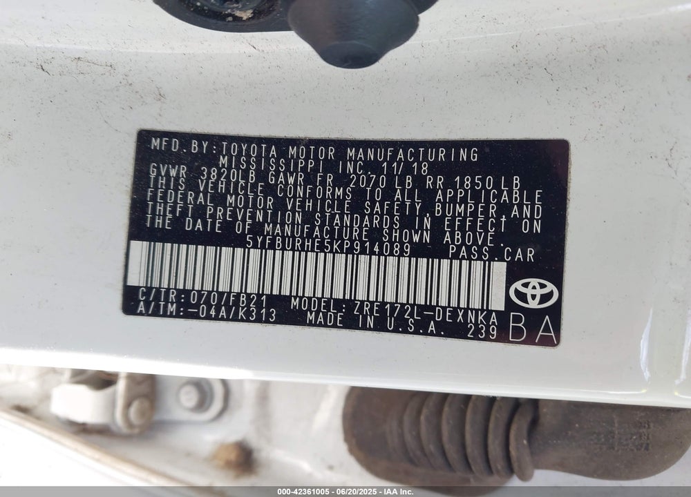 2019 TOYOTA COROLLA LE VIN: 5YFBURHE5KP914089