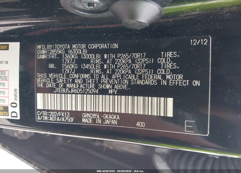2013 TOYOTA 4RUNNER SR5 VIN: JTEBU5JR6D5125094