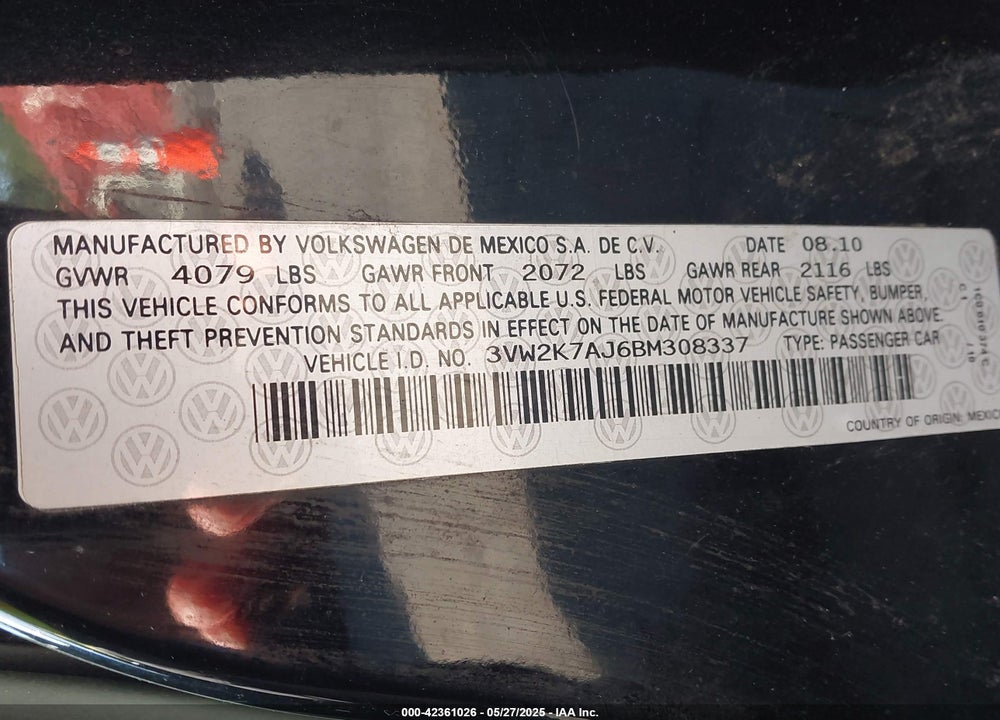 2011 VOLKSWAGEN JETTA 2.0L S VIN: 3VW2K7AJ6BM308337