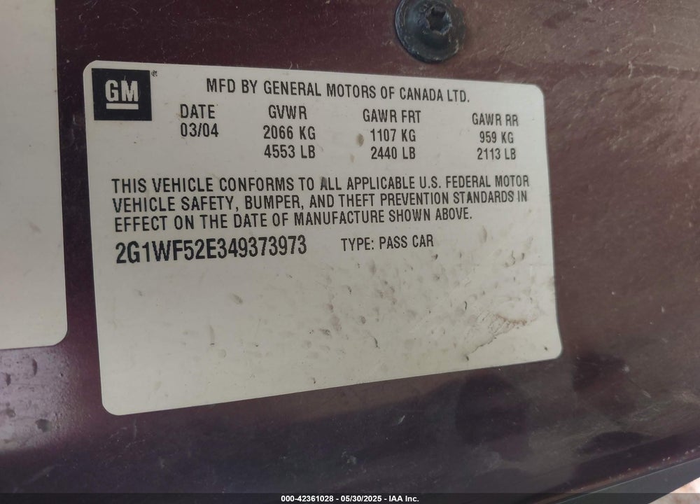 2004 CHEVROLET IMPALA VIN: 2G1WF52E349373973