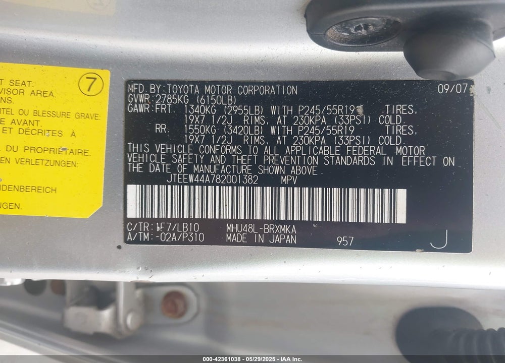 2008 TOYOTA HIGHLANDER HYBRID LIMITED VIN: JTEEW44A782001382
