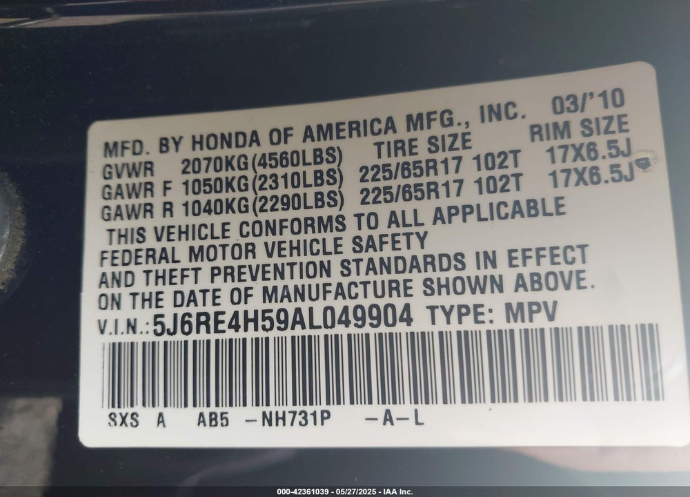 2010 HONDA CR-V VIN: 5J6RE4H59AL049904