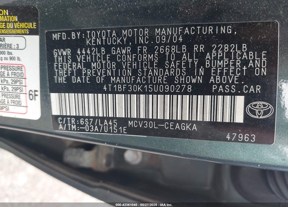 2005 TOYOTA CAMRY XLE V6 VIN: 4T1BF30K15U090278