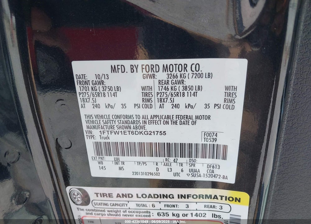 2013 FORD F-150 XLT VIN: 1FTFW1ET6DKG21755