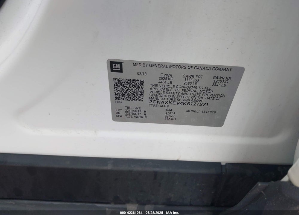 2019 CHEVROLET EQUINOX VIN: 2GNAXKEV4K6127271