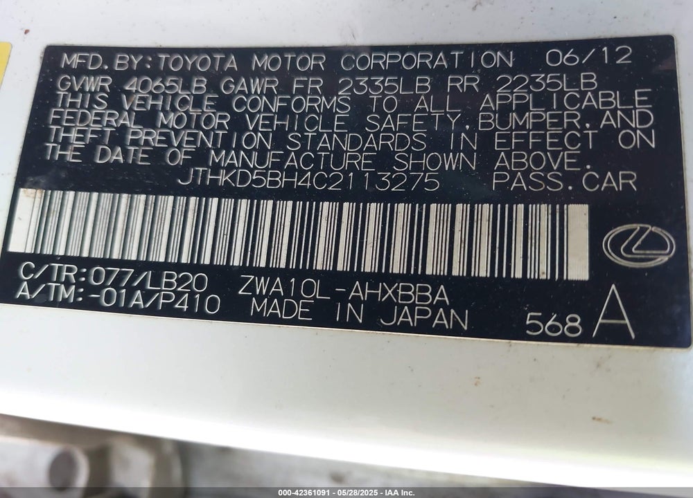 2012 LEXUS CT 200H VIN: JTHKD5BH4C2113275