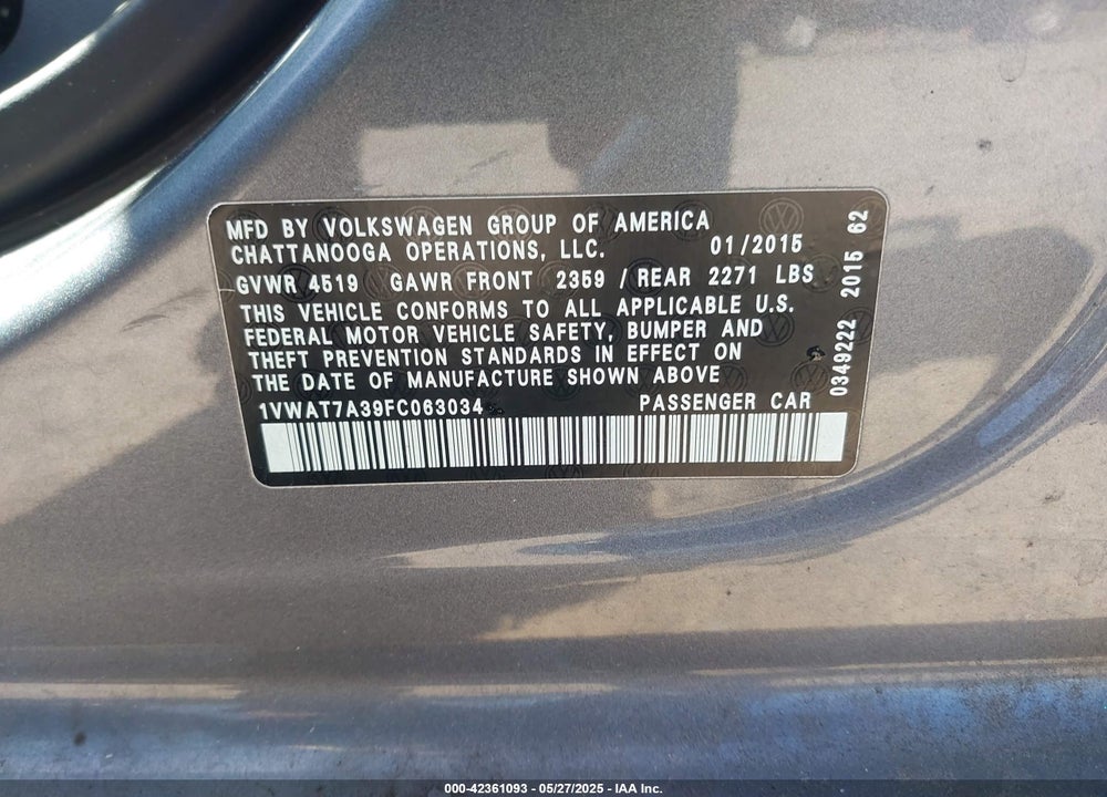 2015 VOLKSWAGEN PASSAT 1.8T WOLFSBURG EDITION VIN: 1VWAT7A39FC063034