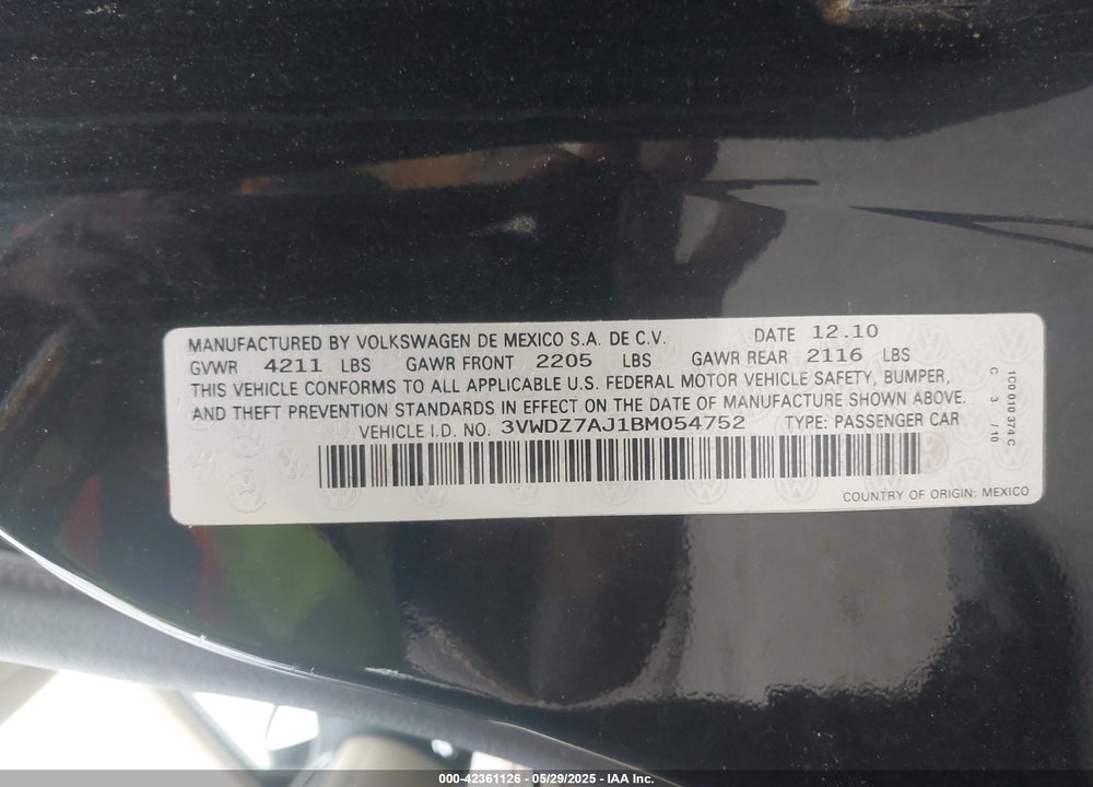 2011 VOLKSWAGEN JETTA 2.5L SE VIN: 3VWDZ7AJ1BM054752