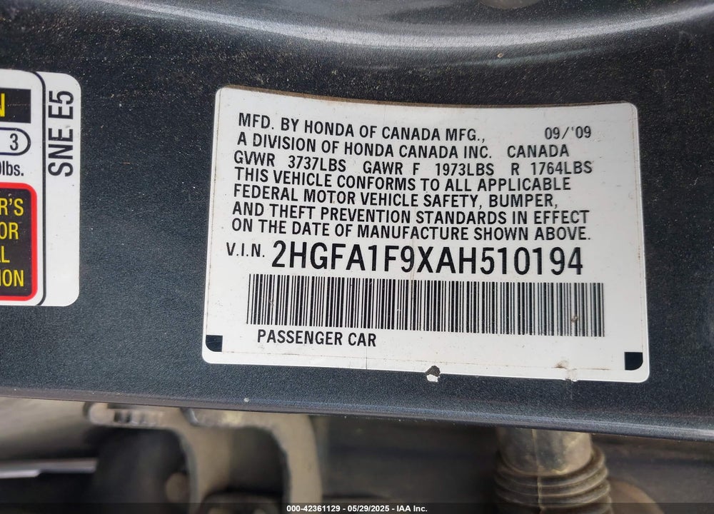 2010 HONDA CIVIC VIN: 2HGFA1F9XAH510194