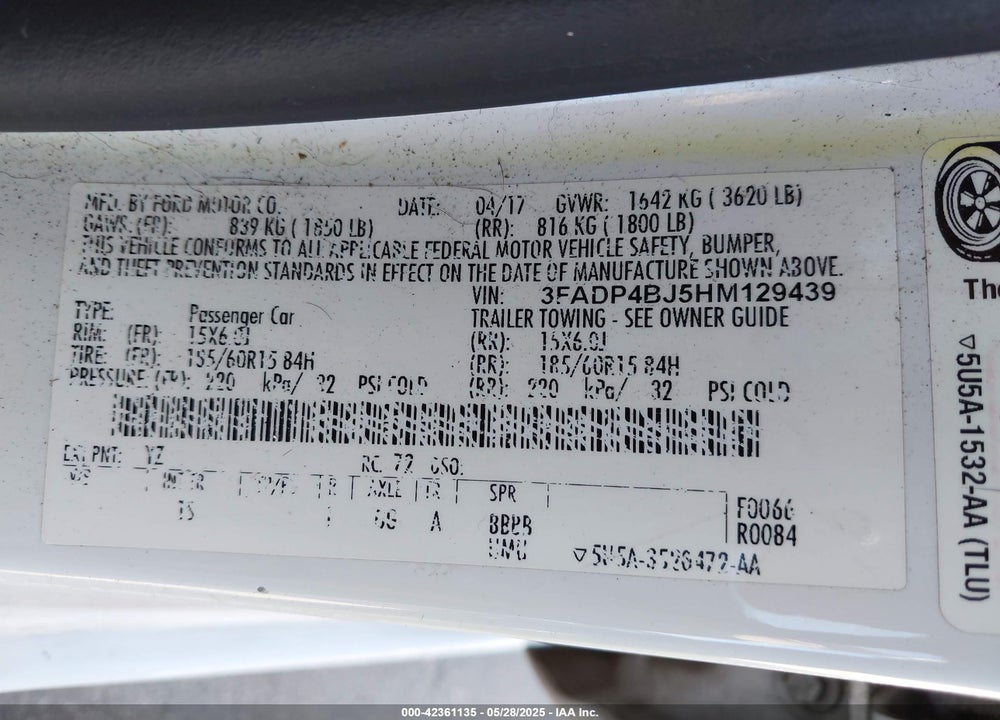 2017 FORD FIESTA VIN: 3FADP4BJ5HM129439