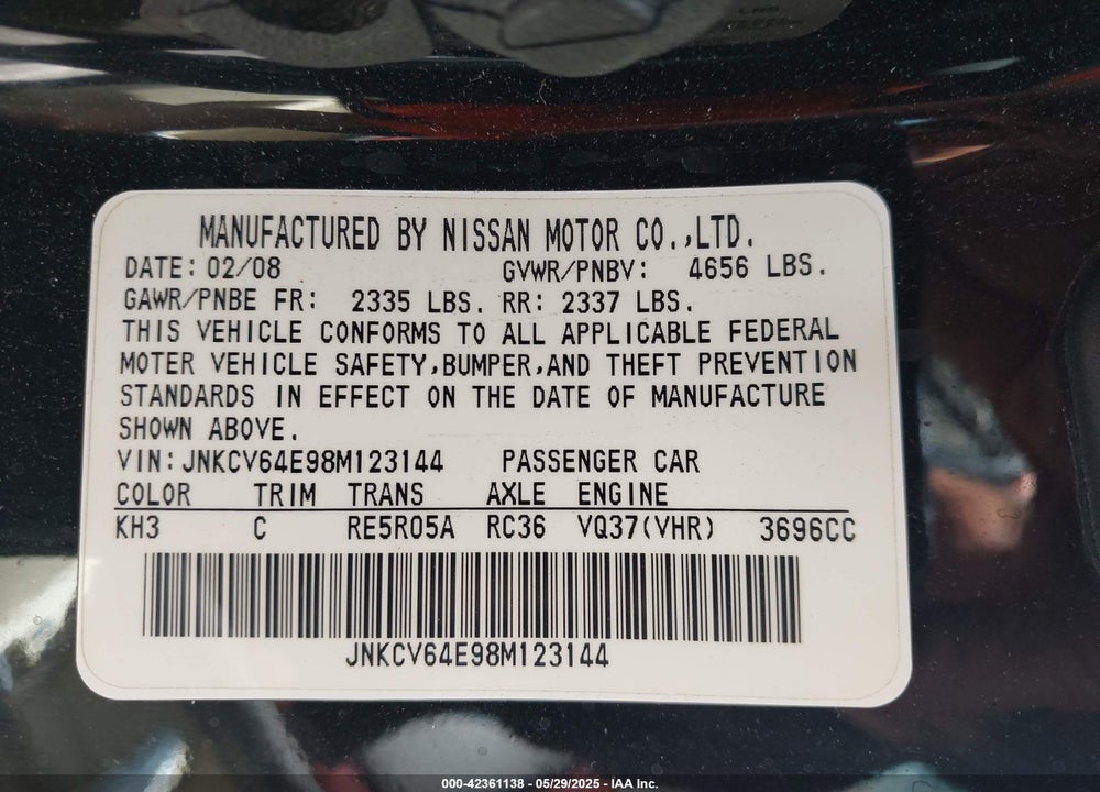 2008 INFINITI G37 VIN: JNKCV64E98M123144