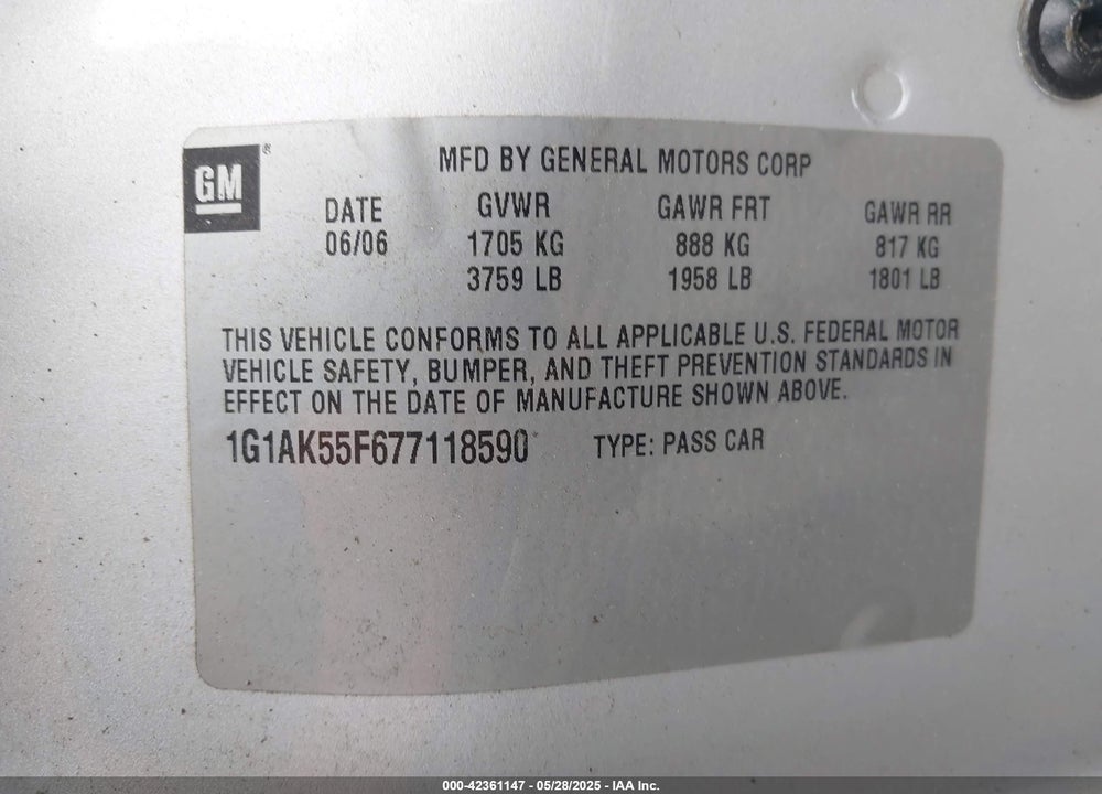 2007 CHEVROLET COBALT LS VIN: 1G1AK55F677118590