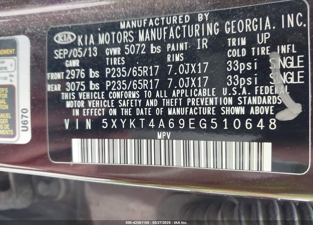 2014 KIA SORENTO VIN: 5XYKT4A69EG510648