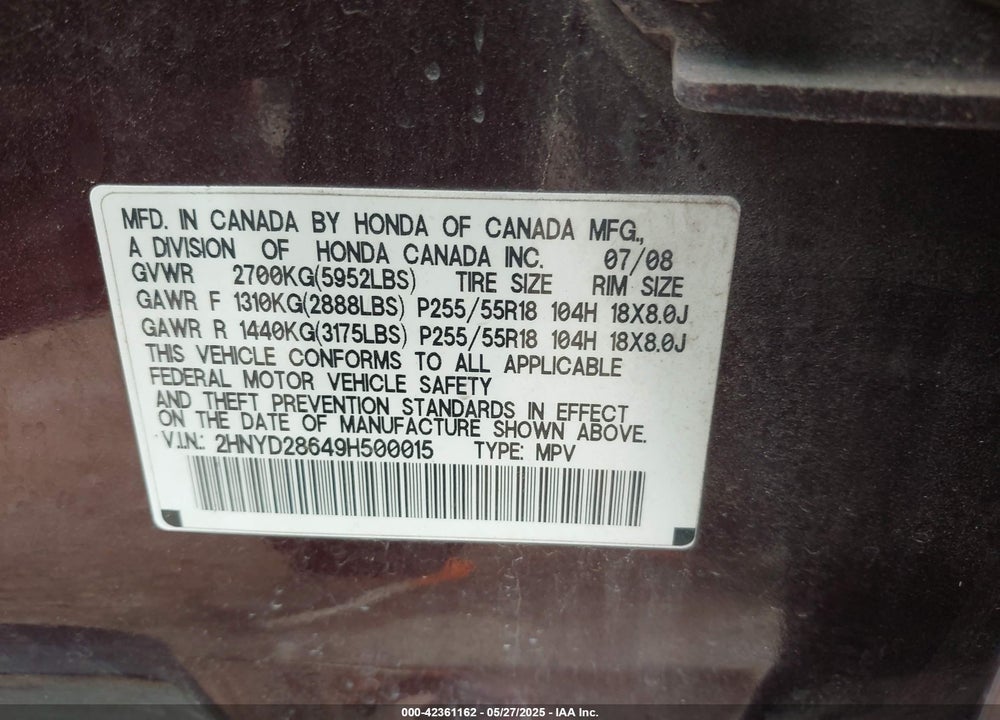 2009 ACURA MDX VIN: 2HNYD28649H500015