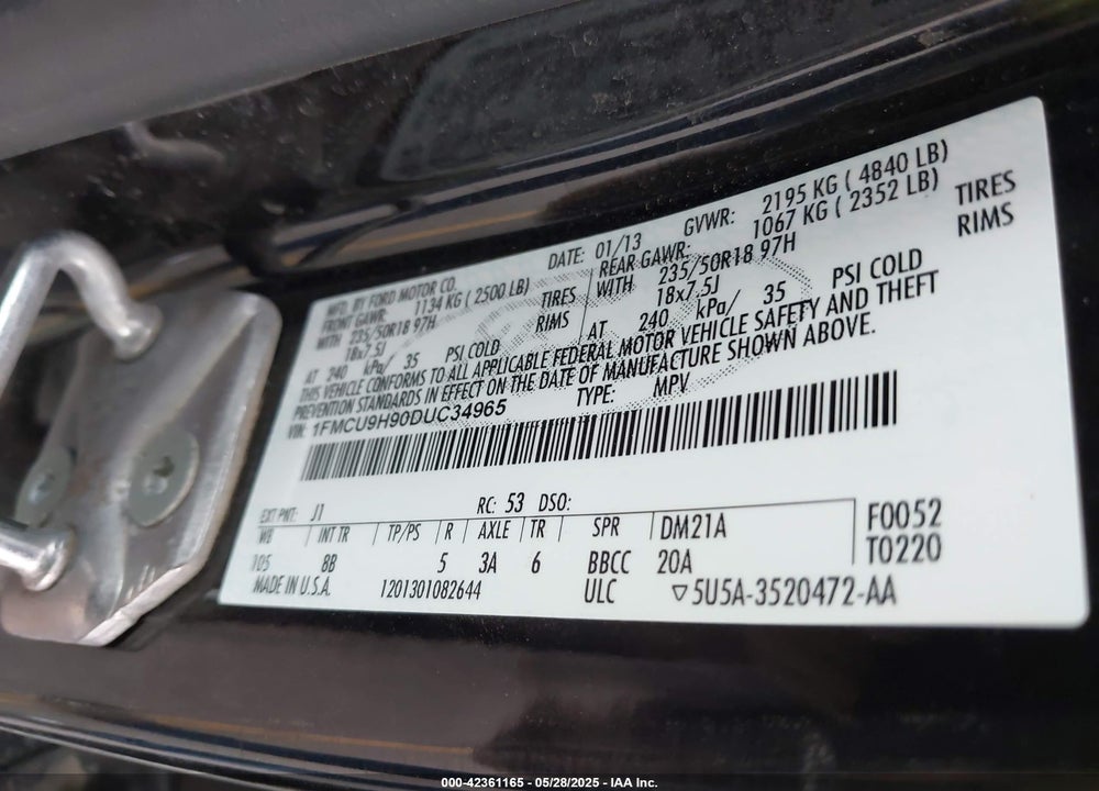 2013 FORD ESCAPE SEL VIN: 1FMCU9H90DUC34965
