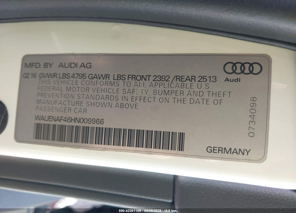 2017 AUDI A4 VIN: WAUENAF46HN009966